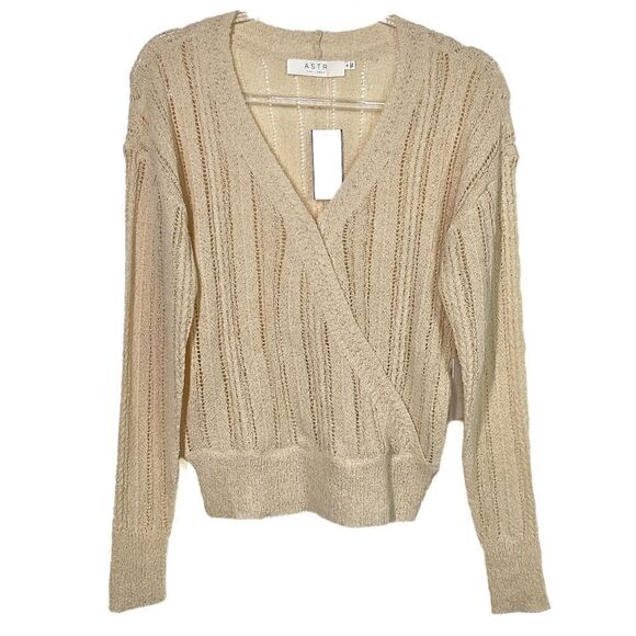 ASTR The Label Cream Wrap Front Pointelle Sweater Medium NWT - Picture 2 of 7